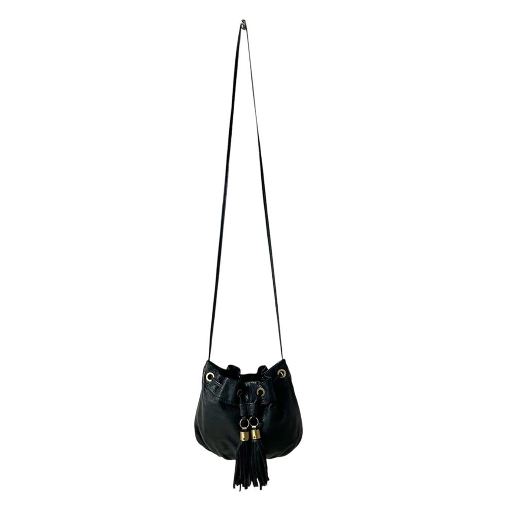 TopShop Real Leather Bucket Crossbody Bag with Tassels Grayish Black Color - Picture 3 of 8